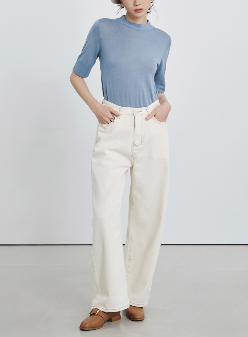 極細羊毛半高領短袖上衣